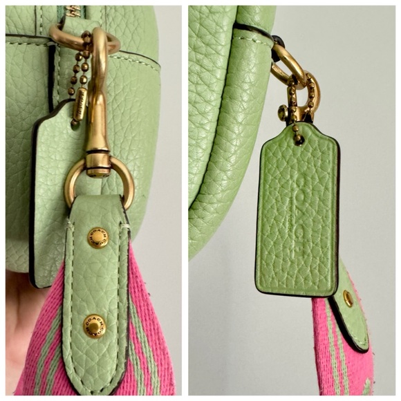 COACH Pistachio Green Leather Oval Camera Bag, Crossbody Guitar Strap (Pink) - Picture 15 of 17